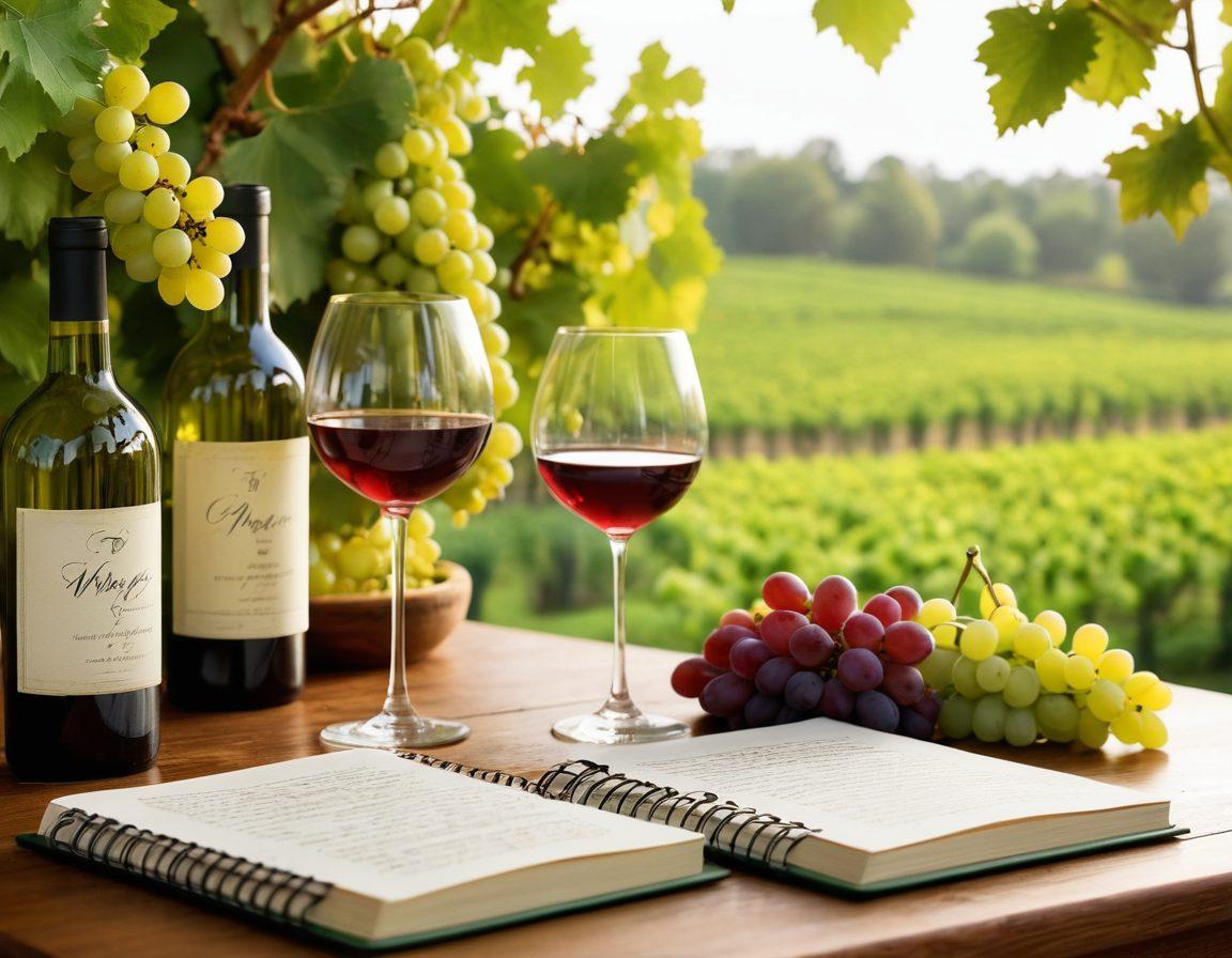 A cozy setting featuring a warm wooden table adorned with glasses of various wine varieties, each representing a different color and type. Lush green vines can be seen in the background, symbolizing health and nature. A subtle glow of light reflects off the glasses, emphasizing the vibrant hues of the wines. Include a small notebook with handwritten notes on wine and health, alongside some fresh grapes. super-realistic. warm colors. soft lighting.