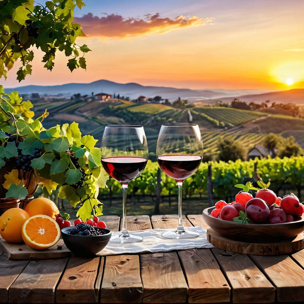 A serene vineyard landscape at sunset, with glasses of red wine on a rustic wooden table, surrounded by fresh fruits and herbs that symbolize health. In the background, a silhouette of a person practicing yoga, embodying relaxation and wellness. Gentle hills rolling in the distance, enhancing the idea of tranquility and lifestyle. super-realistic. vibrant colors. warm ambiance.