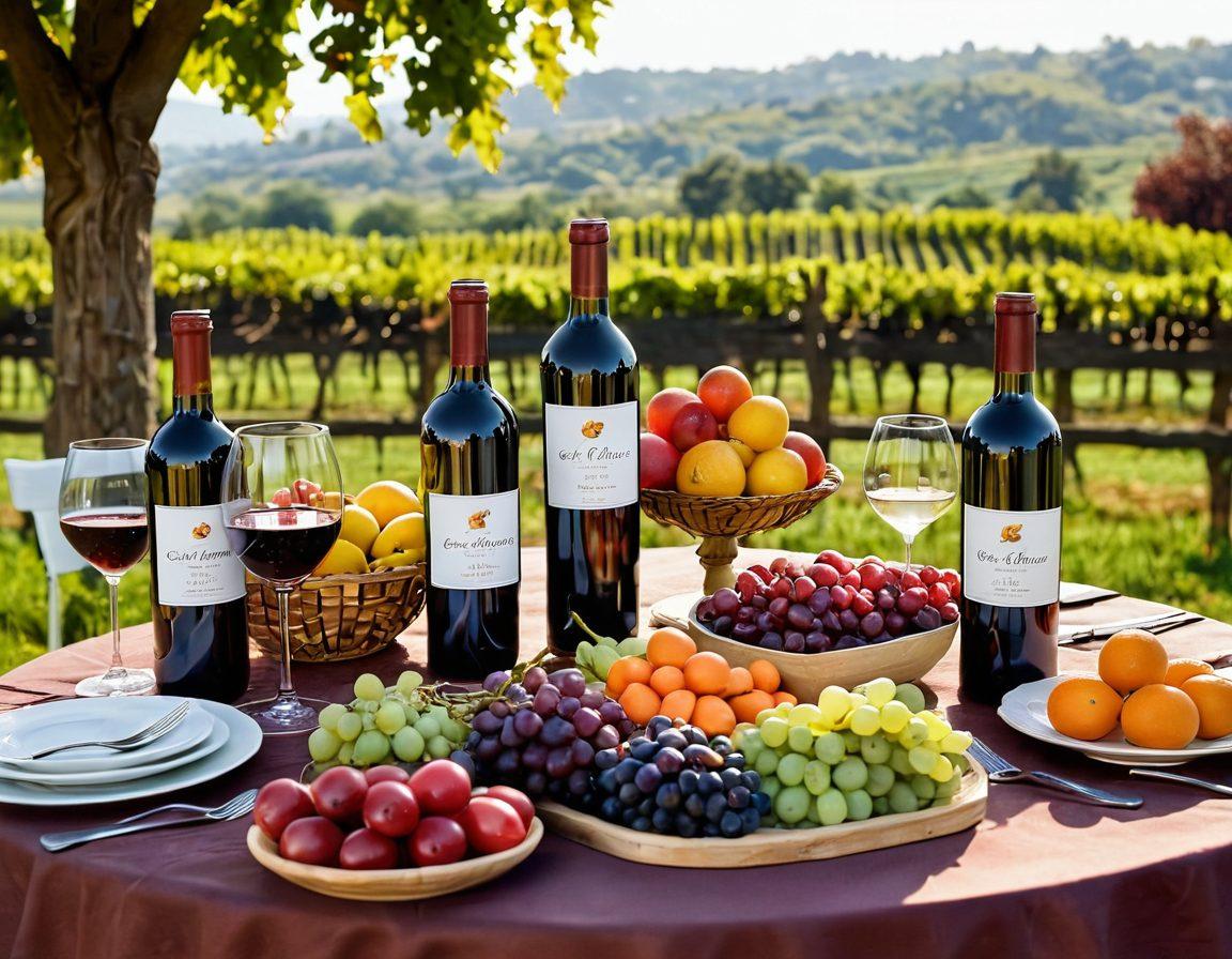A beautifully arranged table setting featuring various wine bottles labeled with different grape varieties, surrounded by colorful fruits and vegetables known for their anti-inflammatory properties. Soft, warm lighting enhances the inviting atmosphere, with a backdrop of a serene vineyard. Incorporate a glass filled with deep red wine to symbolize health benefits. super-realistic. vibrant colors. warm tones.